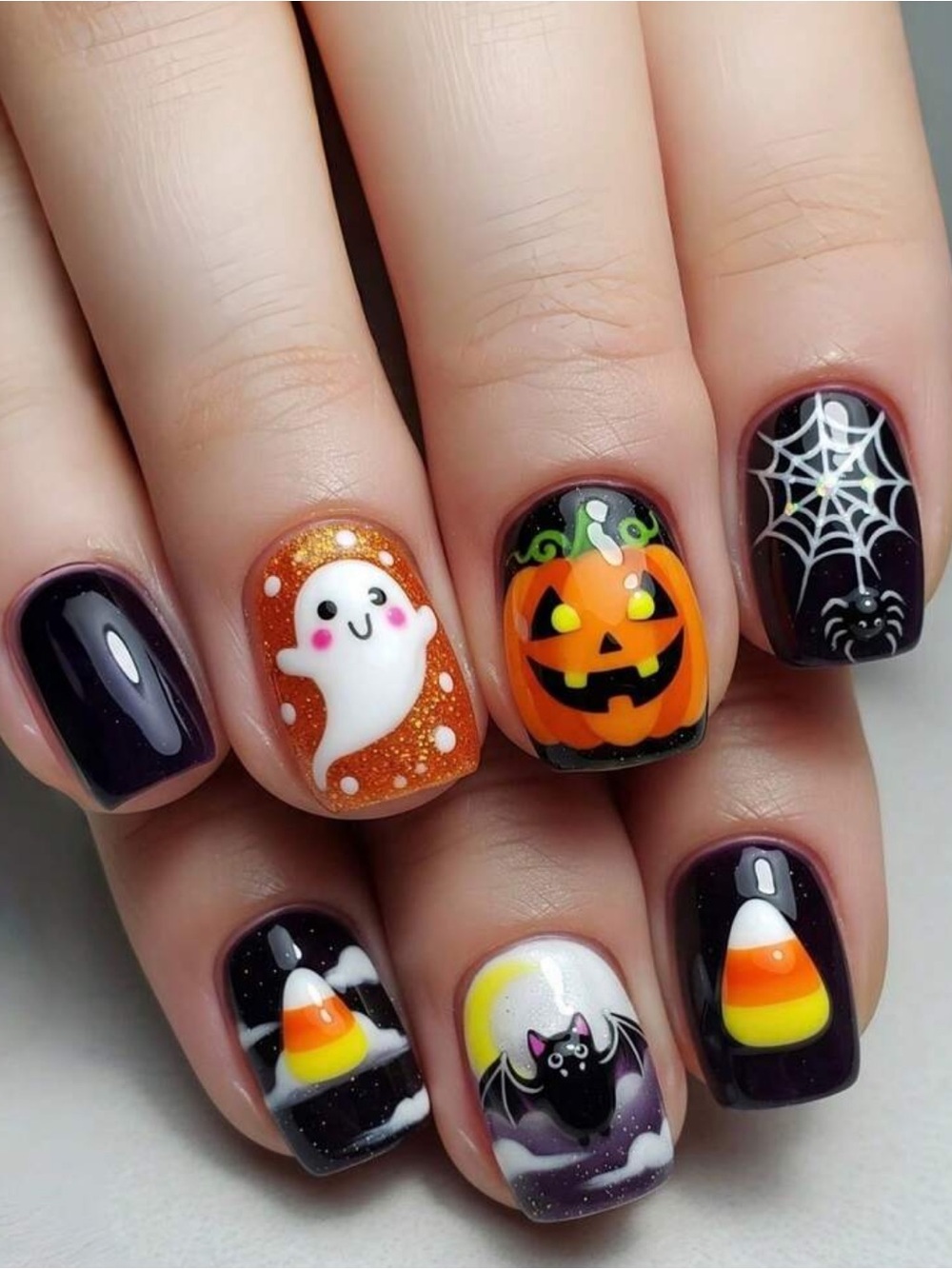 Halloween Press-On Nails - Multicolor Cute Ghost & Pumpkin Designs